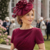 Statement Fascinator Headwear Veiled Net with Pillbox Base, Structured Satin Rose Corsage & Curls. Simple Elegant Solid Colour - Wine Burgundy - Thumbnail Image 1