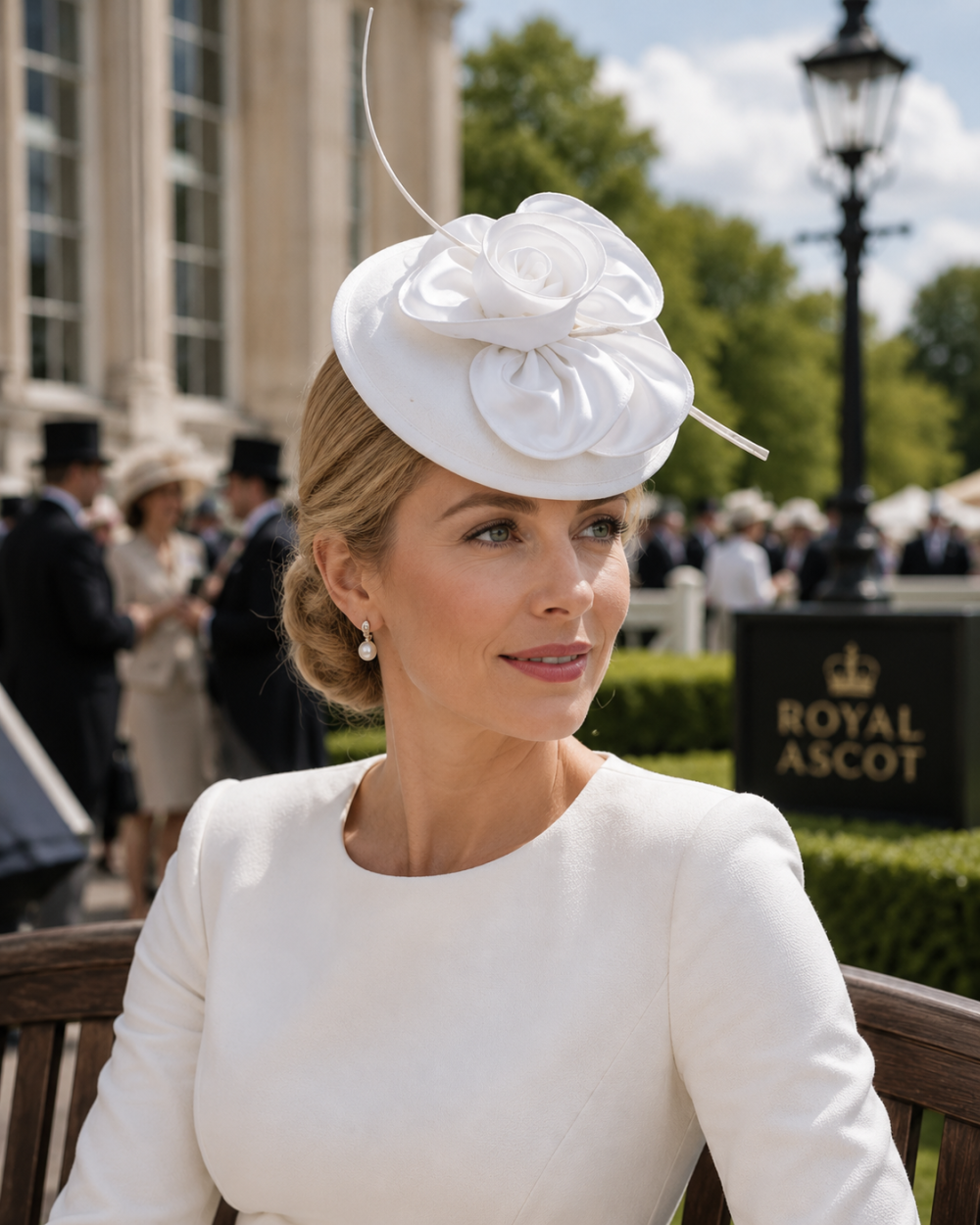 Dome Pillbox Fascinator, Minimalistic Style, All Satin with curled Roses & Quill. Elegant Headwear 7 Colours - White - Image 1