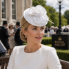 Dome Pillbox Fascinator, Minimalistic Style, All Satin with curled Roses & Quill. Elegant Headwear 7 Colours - White - Thumbnail Image 1