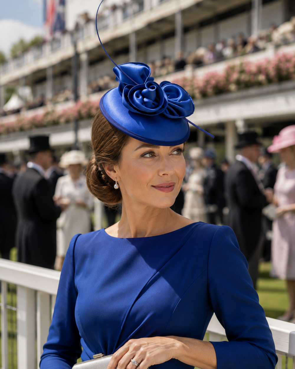 Dome Pillbox Fascinator, Minimalistic Style, All Satin with curled Roses & Quill. Elegant Headwear 7 Colours - Royal Blue - Image 1