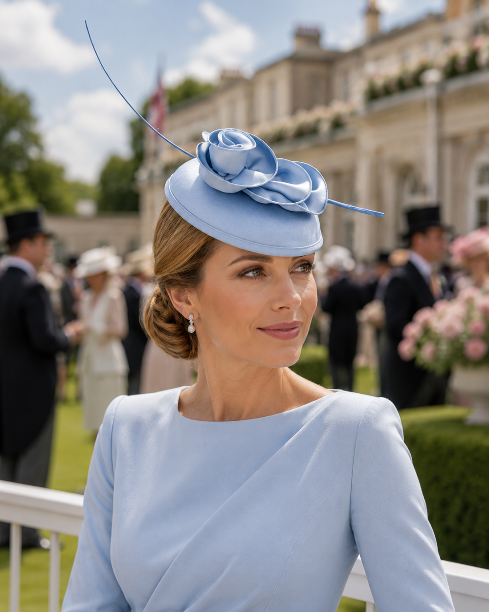 Dome Pillbox Fascinator, Minimalistic Style, All Satin with curled Roses & Quill. Elegant Headwear 7 Colours - Light Blue - Image 1