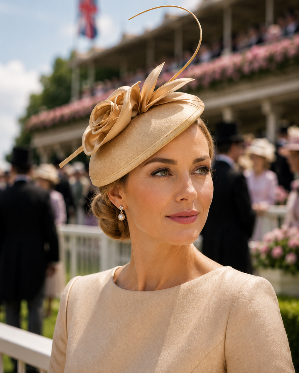 Dome Pillbox Fascinator, Minimalistic Style, All Satin with curled Roses & Quill. Elegant Headwear 7 Colours - Gold - Image 1
