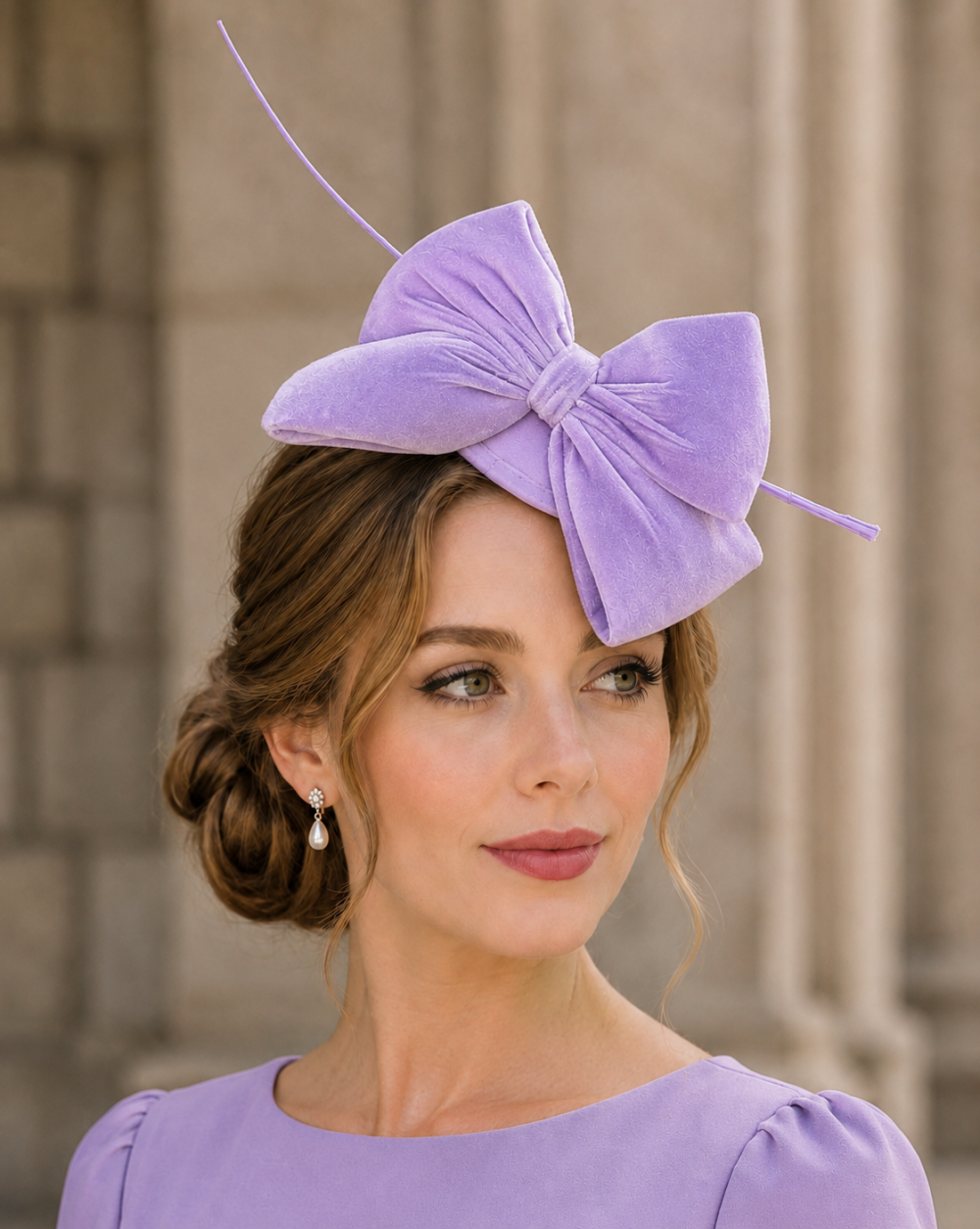 Large Velvet Bow Fascinator Head Piece Mini Domed Pillbox Hatinator Hat. Mini Round Satin Dome Minimalist Stunner 4 Colours -  Lavender Purple - Image 1