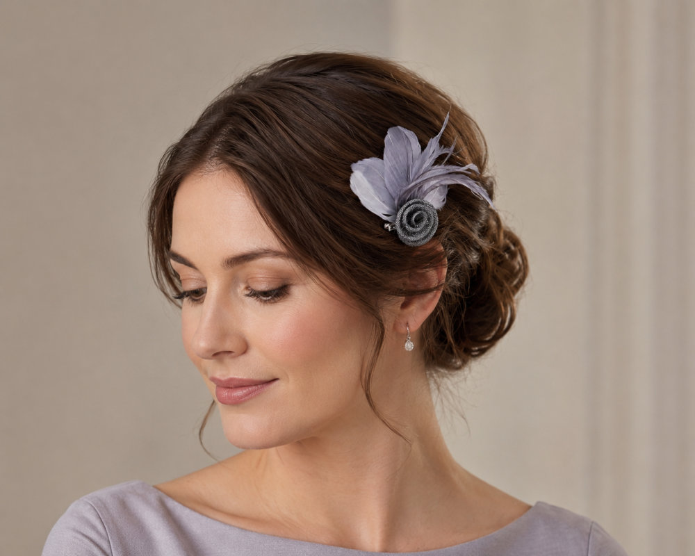 Headwear Mini Hairpin Fascinator or Lapel Brooch Pin, Stunning Quaint Fan Shape Feather, Sinamay Rose 4 Colours - Tonal Grey - Image 1