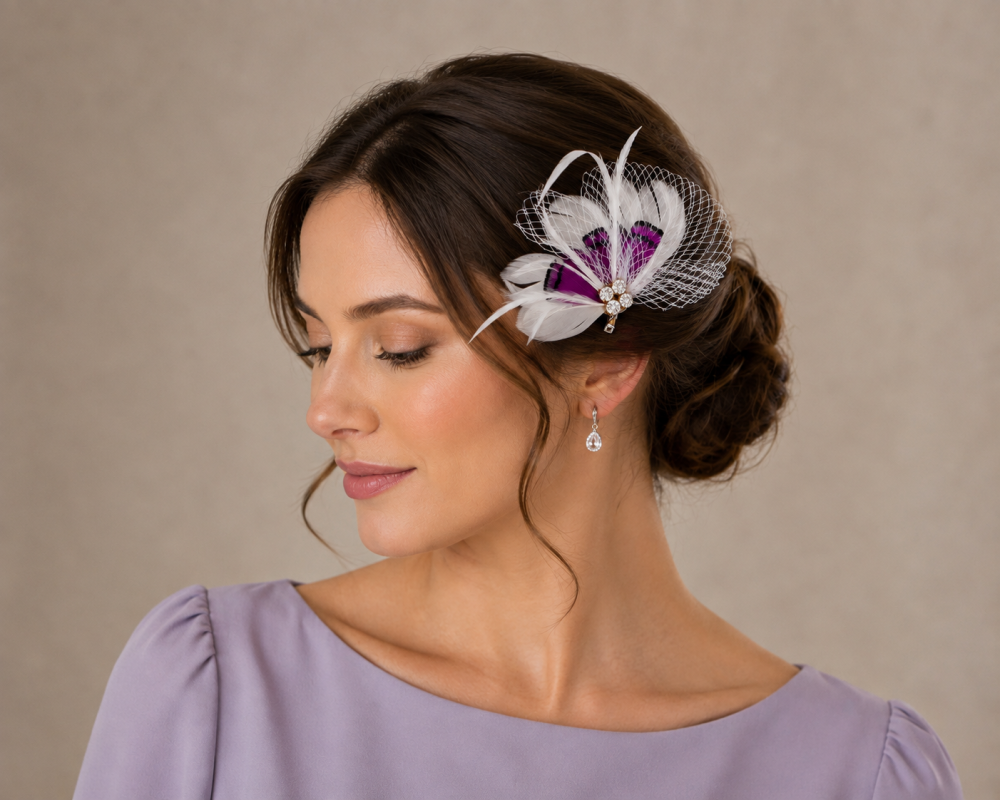 Headwear Mini Hairpin Fascinator or Lapel Brooch Pin,Stunning Quaint Fan Shape Feather,Nett & Diamantes Decoration 4 Colours- Off White - Purple - Image 1