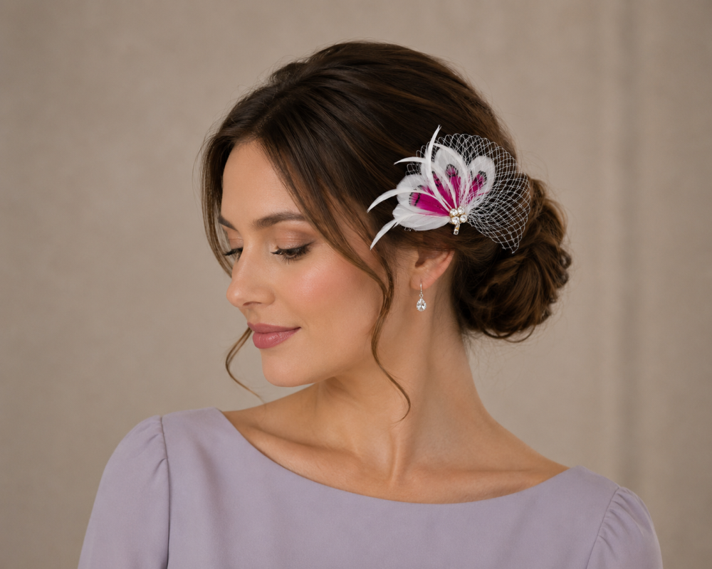 Headwear Mini Hairpin Fascinator or Lapel Brooch Pin,Stunning Quaint Fan Shape Feather,Nett & Diamantes Decoration 4 Colours - Cerise - Image 1