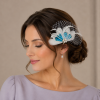 Headwear Mini Hairpin Fascinator or Lapel Brooch Pin,Stunning Quaint Fan Shape Feather,Nett & Diamantes Decoration 4 Colours -Off White - Turquoise - Thumbnail Image 1