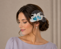 Headwear Mini Hairpin Fascinator or Lapel Brooch Pin,Stunning Quaint Fan Shape Feather,Nett & Diamantes Decoration 4 Colours -Off White - Turquoise