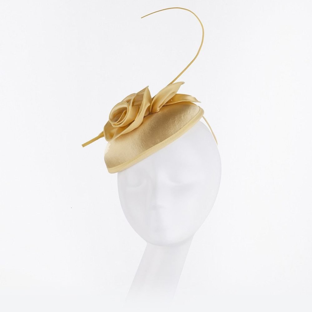 Dome Pillbox Fascinator, Minimalistic Style, All Satin with curled Roses & Quill. Elegant Headwear 7 Colours - Gold - Image 4