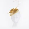Dome Pillbox Fascinator, Minimalistic Style, All Satin with curled Roses & Quill. Elegant Headwear 7 Colours - Gold - Thumbnail Image 4