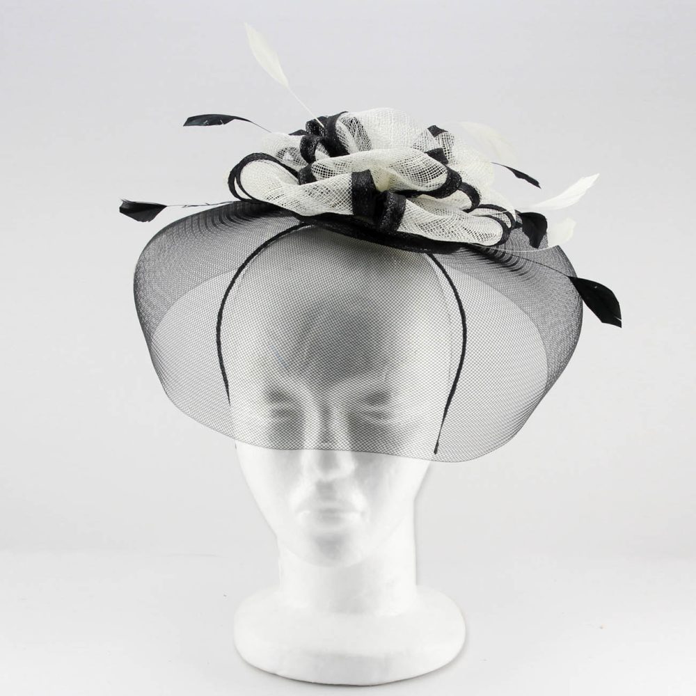 Occasion Hatinator, Beautifully Sculptured Headwear Wide Brim Fascinator for Weddings or the Races, Bows shape centre and airy feathers JaneoBritishApparel - Black - Image 4
