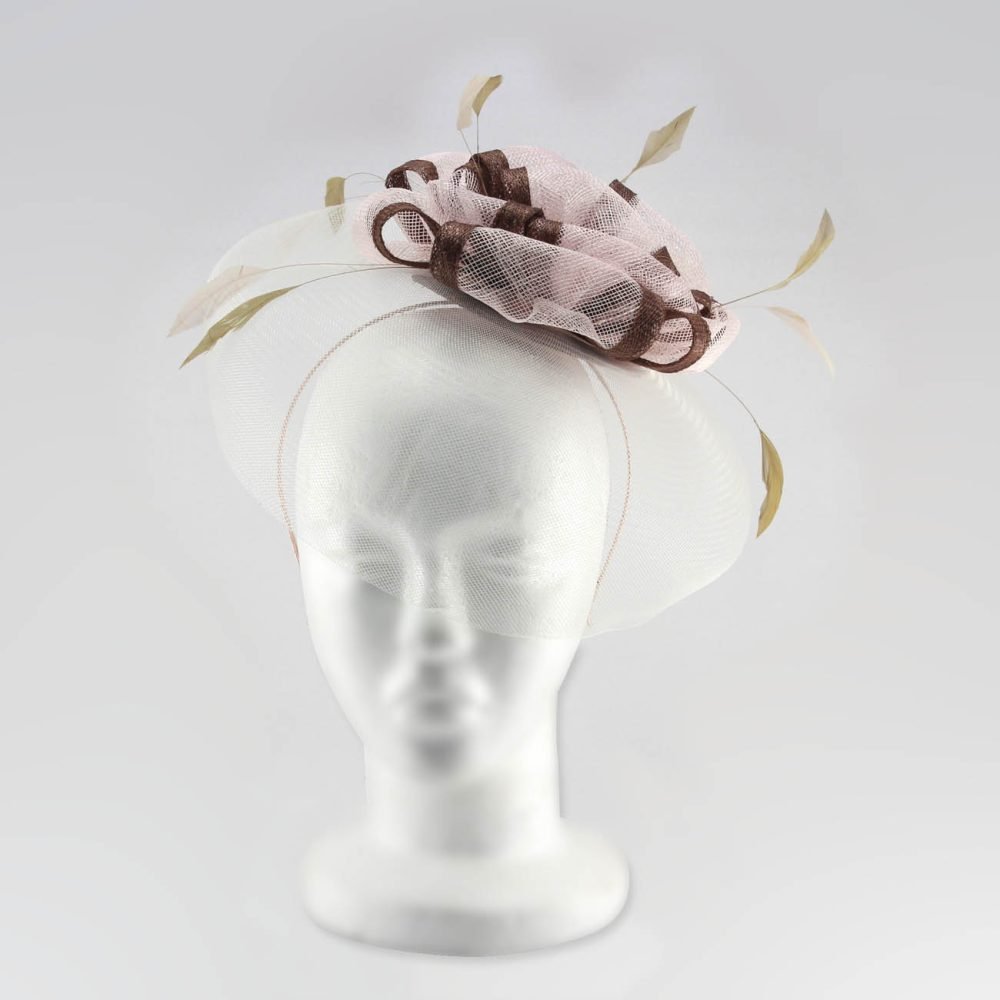 Occasion Hatinator, Beautifully Sculptured Headwear Wide Brim Fascinator for Weddings or the Races, Bows shape centre and airy feathers JaneoBritishApparel - Baby Pink - Image 4