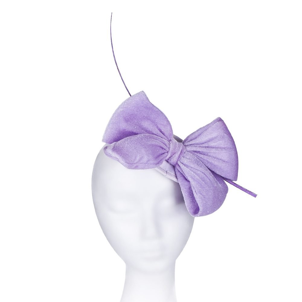 Large Velvet Bow Fascinator Head Piece Mini Domed Pillbox Hatinator Hat. Mini Round Satin Dome Minimalist Stunner 4 Colours -  Lavender Purple - Image 4