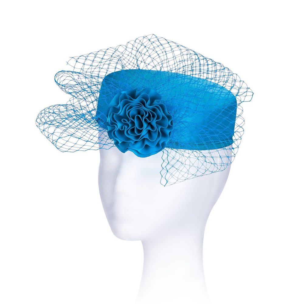 Pillbox Fascinator Headwear.Classic Minimal Style Corsage Hat and Net Bow.Bridal or Races 4 Stunning Colours. - Turquoise Blue - Image 5