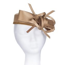 Satin Pillbox Fascinator Clean Defined Simple Classic Shape. Pearlized Finish Bows & Tails on Cap Shape Hatinator. 6 Colors - Champagne