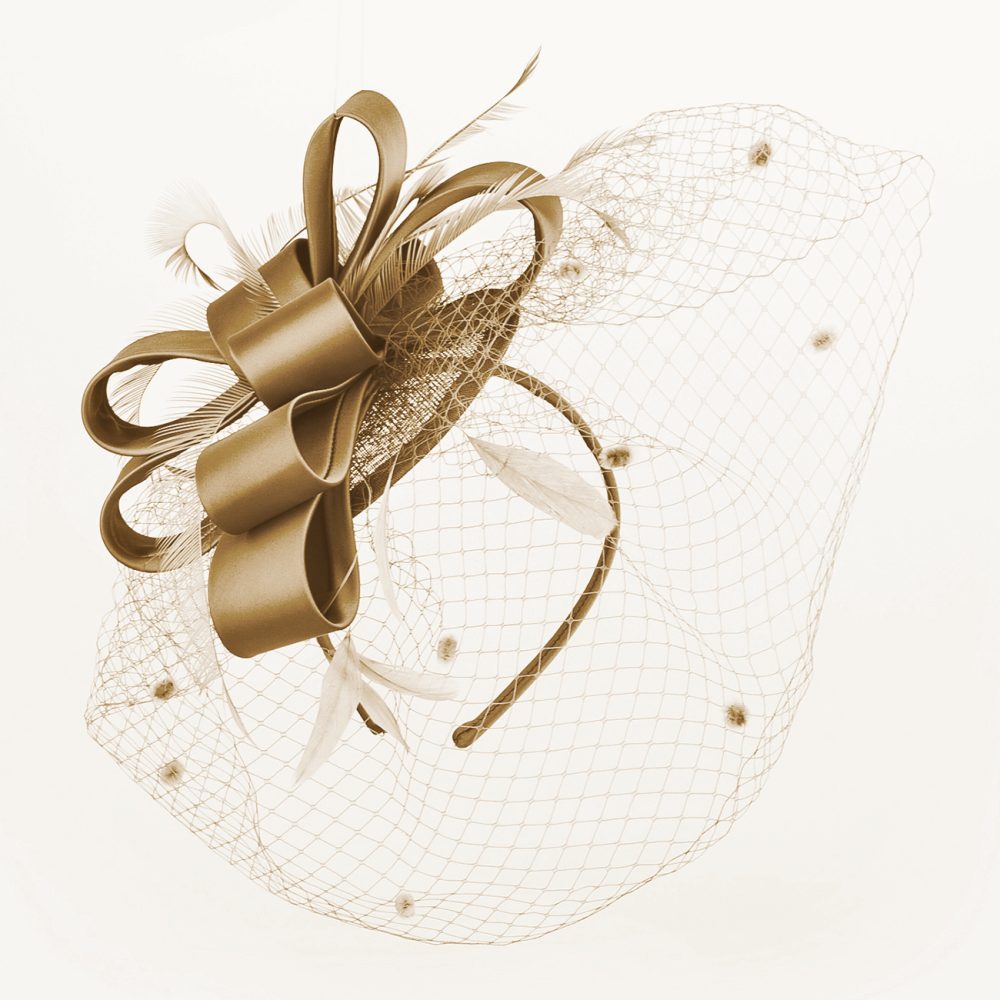 Statement Fascinator With Layered Satin Bows, Net Veil, Feather Plumes, Sinamay Fabric Base, 6 Stunning Colours - Champagne - Image 3