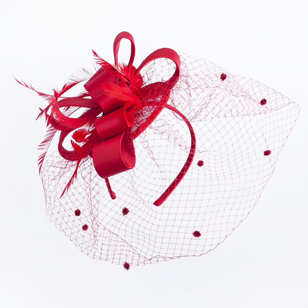 Statement Fascinator With Layered Satin Bows, Net Veil, Feather Plumes, Sinamay Fabric Base, 6 Stunning Colours - Red - Image 4
