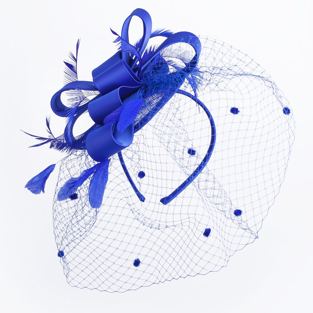 Statement Fascinator With Layered Satin Bows, Net Veil, Feather Plumes, Sinamay Fabric Base, 6 Stunning Colours - Royal Blue - Image 4