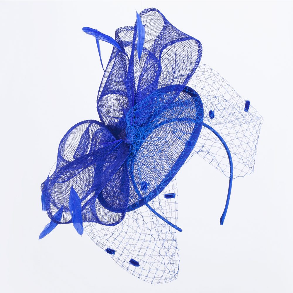 Large Veiled Fascinator in Structured Shapes, Sinamay Fabric on a Dome, Large Net Veil & Petite Feathers – Stunning! - Electric Blue - Image 4