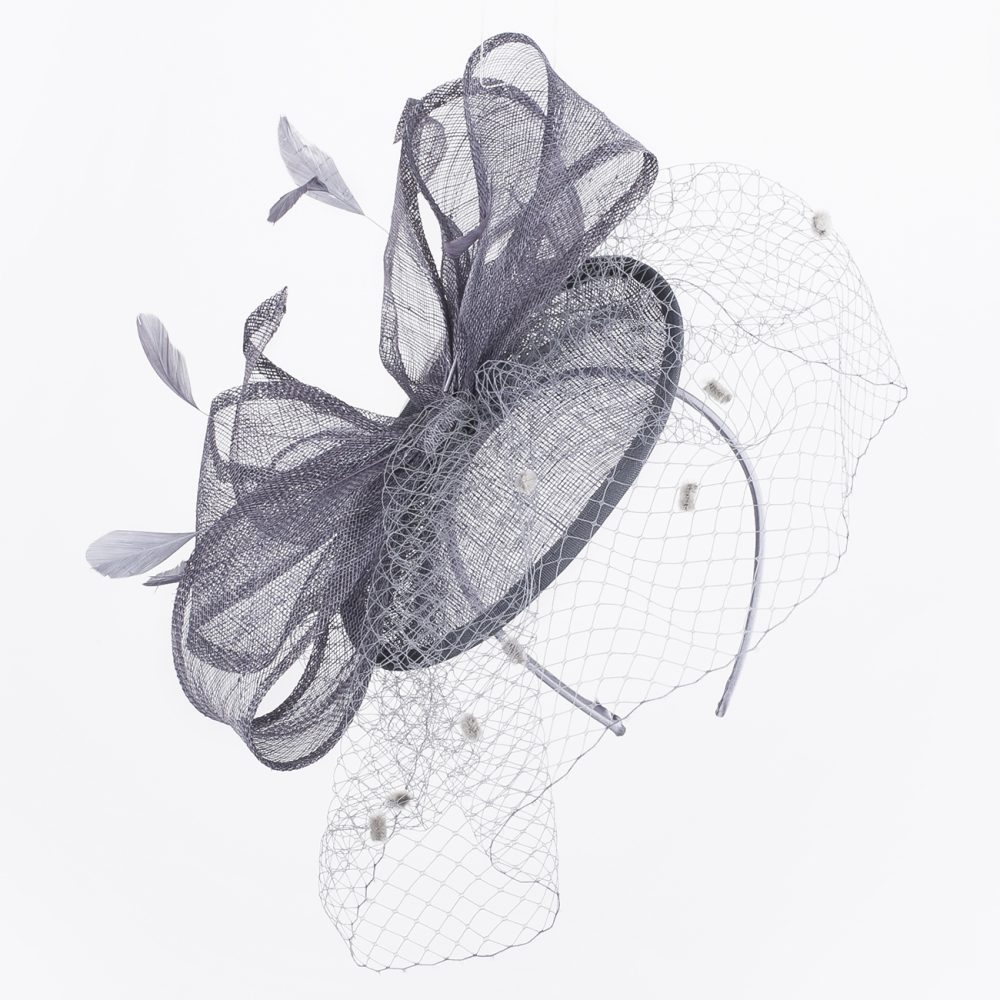 Large Veiled Fascinator in Structured Shapes, Sinamay Fabric on a Dome, Large Net Veil & Petite Feathers – Stunning! - Grey - Image 4