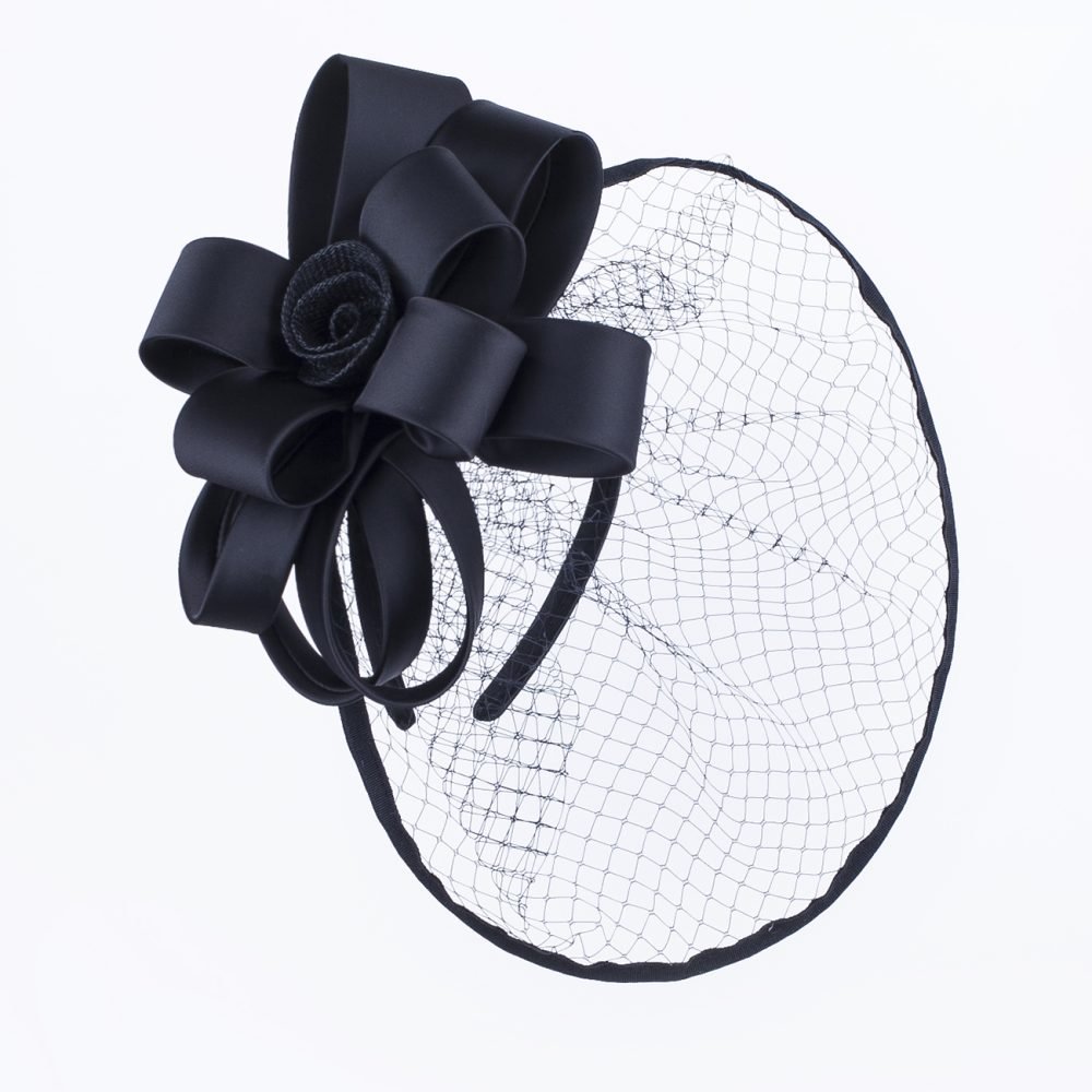 Wide Brim Statement Fascinator Headwear with Satin Structured Bows Corsage Minimalistic Bridal or Royal Ascot Hatinator - Black - Image 4