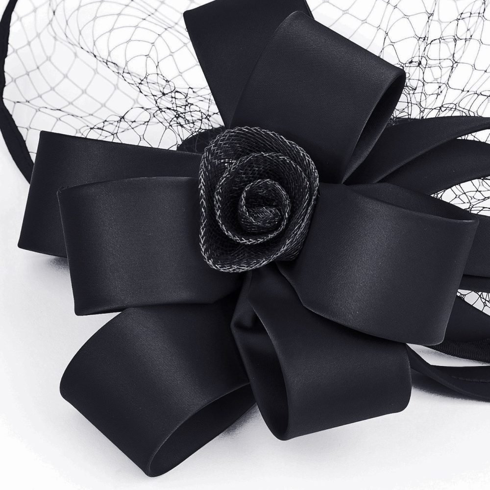 Wide Brim Statement Fascinator Headwear with Satin Structured Bows Corsage Minimalistic Bridal or Royal Ascot Hatinator - Black - Image 5
