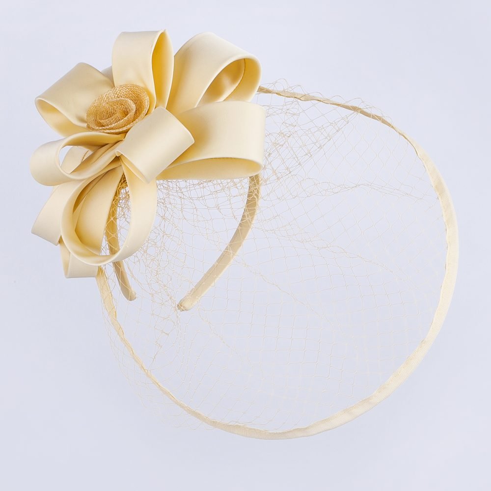 Wide Brim Statement Fascinator Headwear with Satin Structured Bows Corsage Minimalistic Bridal or Royal Ascot Hatinator - Buttercup Beige - Image 4
