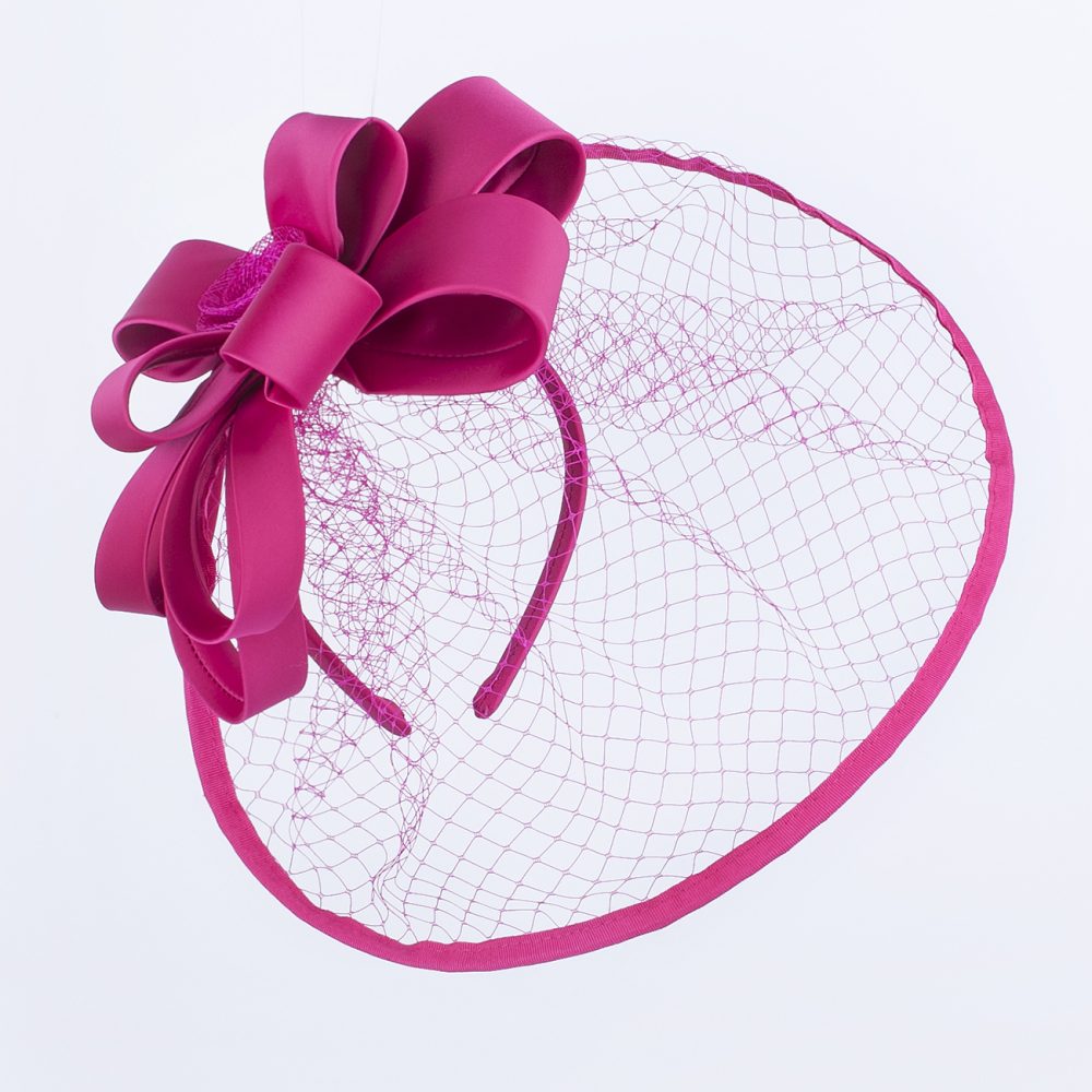 Wide Brim Statement Fascinator Headwear with Satin Structured Bows Corsage Minimalistic Bridal or Royal Ascot Hatinator - Cerise Pink - Image 4
