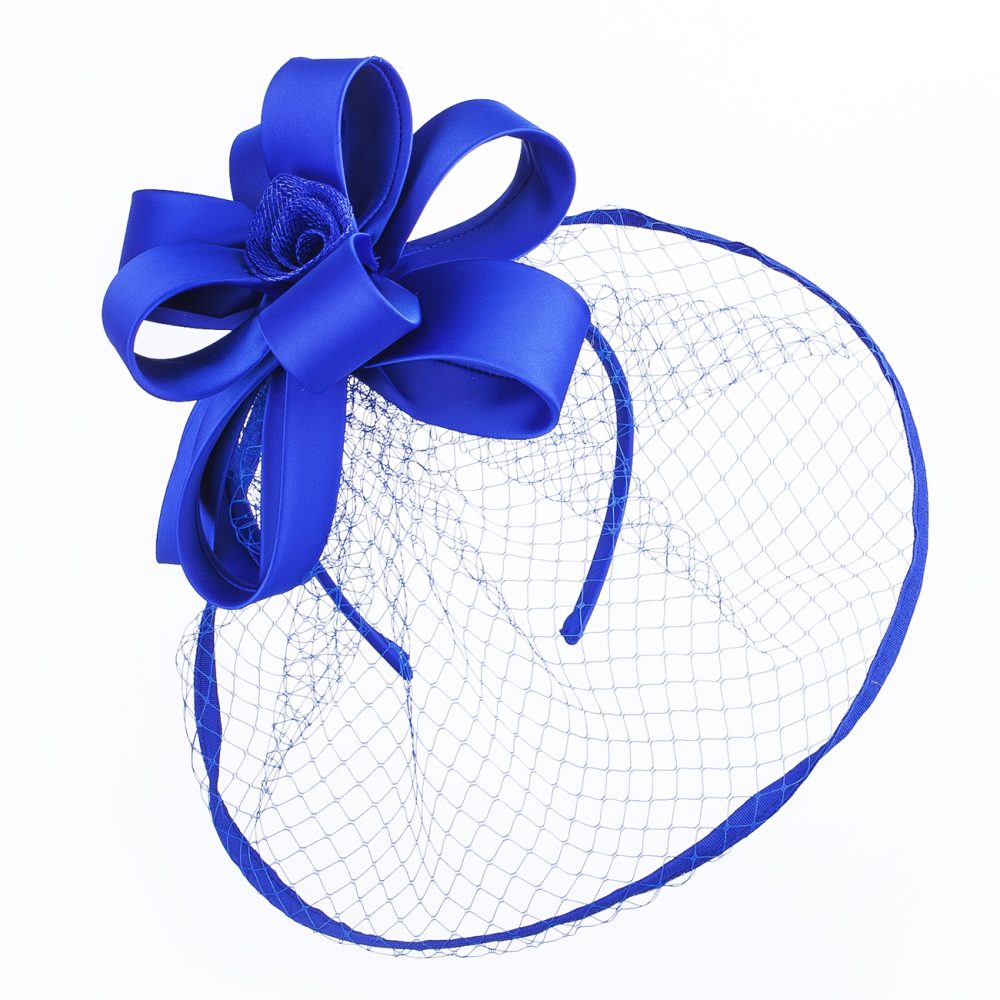 Wide Brim Statement Fascinator Headwear with Satin Structured Bows Corsage Minimalistic Bridal or Royal Ascot Hatinator - Electric Blue - Image 4