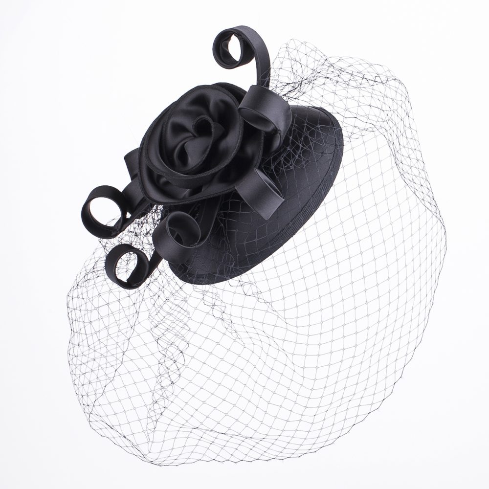 Statement Fascinator Headwear Veiled Net with Pillbox Base, Structured Satin Rose Corsage & Curls. Simple Elegant Solid Colour. Black - Image 4