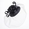 Statement Fascinator Headwear Veiled Net with Pillbox Base, Structured Satin Rose Corsage & Curls. Simple Elegant Solid Colour. Black - Thumbnail Image 4
