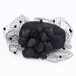 Pillbox Hat Fascinator Headwear.Vintage Style Lace Corsage & Net Bow.Bridal or Races 5 Stunning Colours. Janeo Fascinators - Black