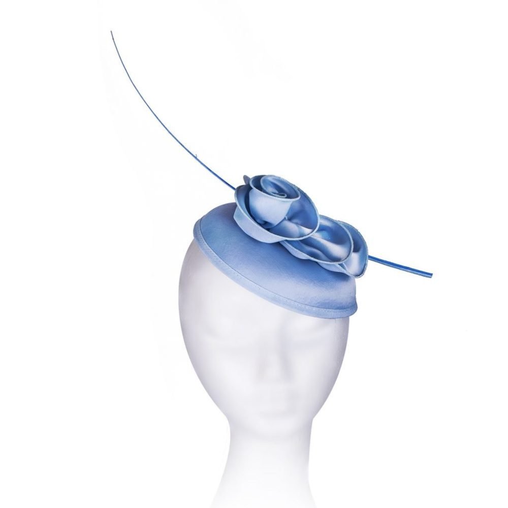 Dome Pillbox Fascinator, Minimalistic Style, All Satin with curled Roses & Quill. Elegant Headwear 7 Colours - Light Blue - Image 4