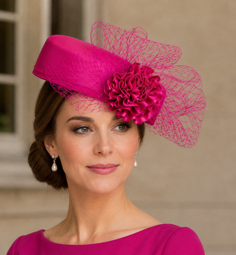 Pillbox Fascinator Headwear.Classic Minimal Style Corsage Hat and Net Bow.Bridal or Races 4 Stunning Colours. - Geisha Cerise Pink - Image 1