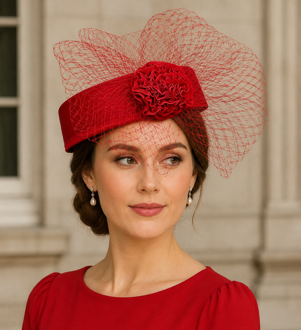 Pillbox Fascinator Headwear.Classic Minimal Style Corsage Hat and Net Bow.Bridal or Races 4 Stunning Colours. - Classic Red - Image 1