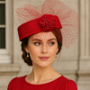 Pillbox Fascinator Headwear.Classic Minimal Style Corsage Hat and Net Bow.Bridal or Races 4 Stunning Colours. - Classic Red - Thumbnail Image 1