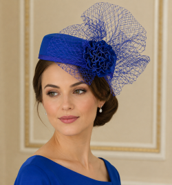 Pillbox Fascinator Headwear.Classic Minimal Style Corsage Hat and Net Bow.Bridal or Races 4 Stunning Colours. - Royal Blue