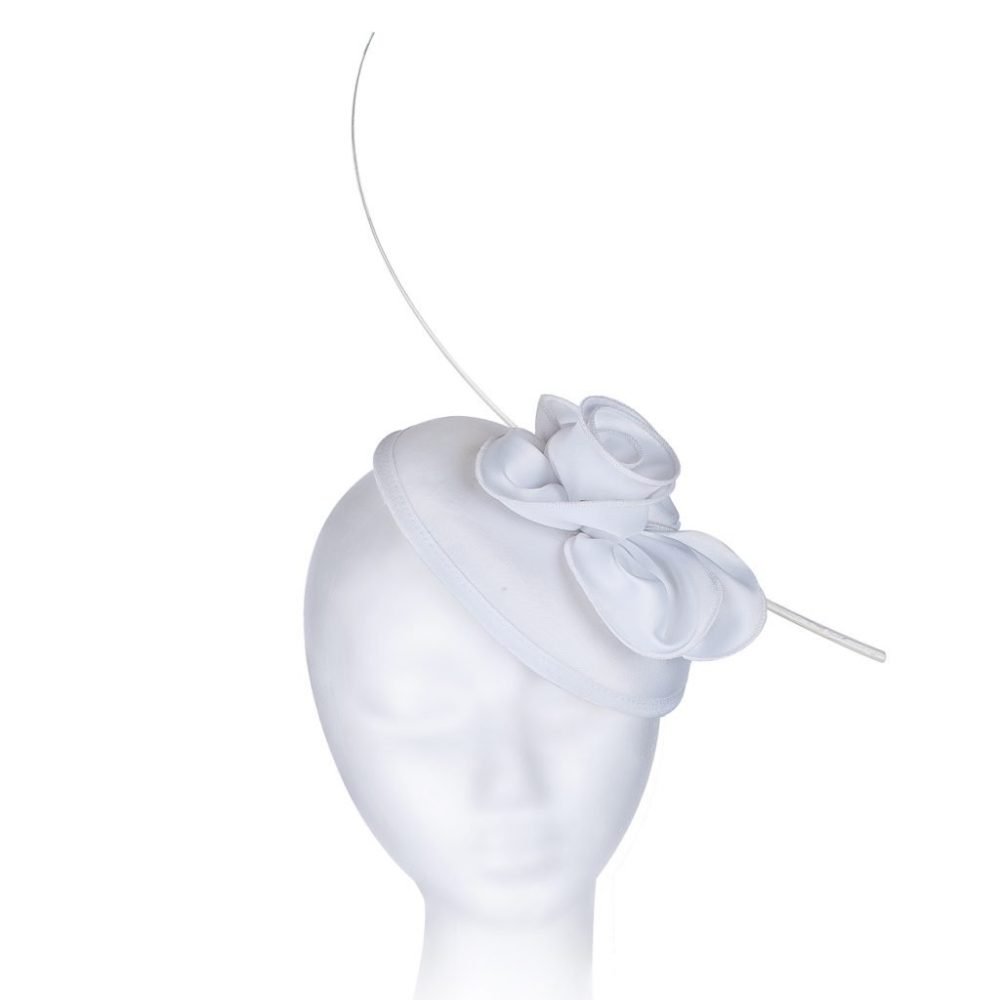 Dome Pillbox Fascinator, Minimalistic Style, All Satin with curled Roses & Quill. Elegant Headwear 7 Colours - White - Image 4