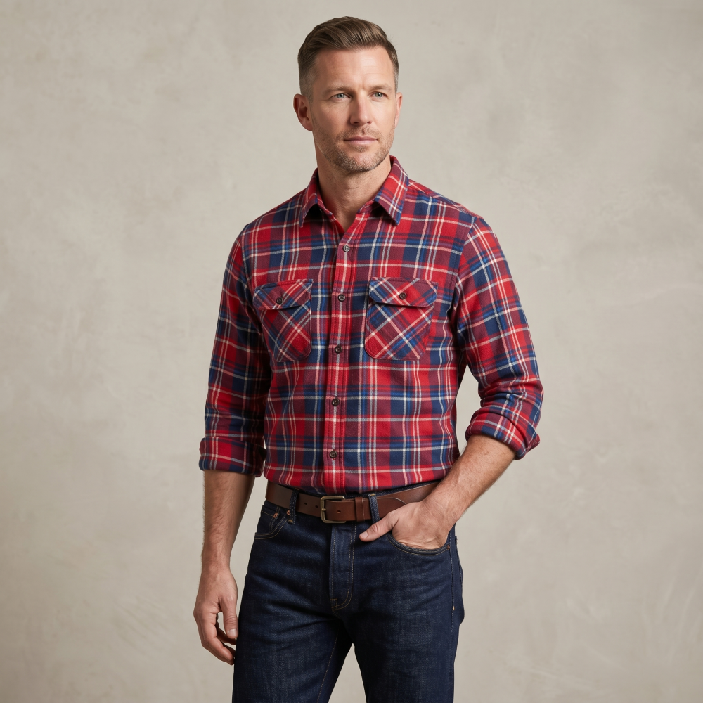 Mens Flannel Shirt Lumberjack Plaid Check Cotton Patch Pockets Shacket Designer by Janeo British Apparel. Shakespear Red - Image 3