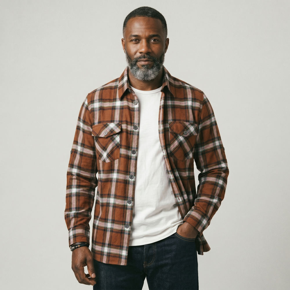 Mens Flannel Shirt Lumberjack Plaid Check Cotton Patch Pockets Shacket Designer  by Janeo British Apparel. Sienna Soft Brown - Image 2