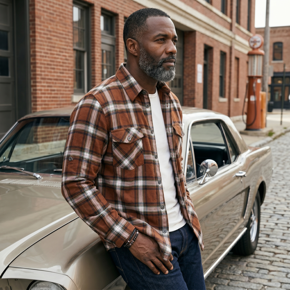 Mens Flannel Shirt Lumberjack Plaid Check Cotton Patch Pockets Shacket Designer  by Janeo British Apparel. Sienna Soft Brown - Image 3
