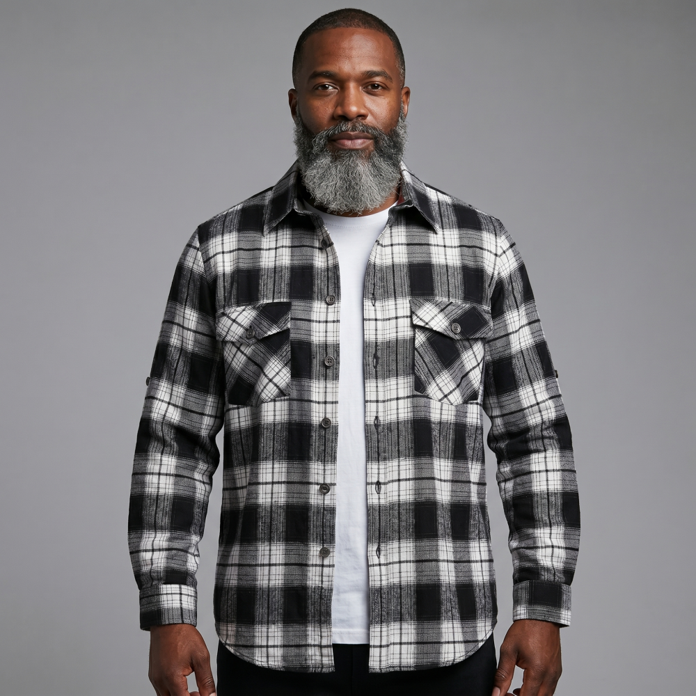 Mens Flannel Shirt Lumberjack Plaid Check Cotton Patch Pockets Shacket Designer  by Janeo British Apparel. The Classic Black & White - Image 2