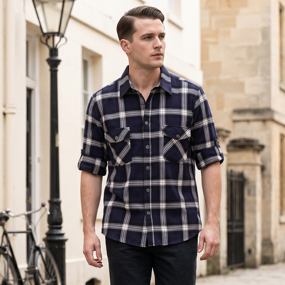 Mens Flannel Shirt Lumberjack Plaid Check Cotton Patch Pockets Shacket Designer by Janeo British Apparel. Medici French Navy - Image 2