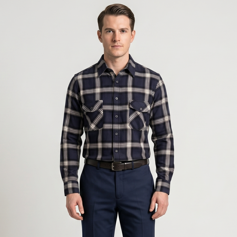 Mens Flannel Shirt Lumberjack Plaid Check Cotton Patch Pockets Shacket Designer by Janeo British Apparel. Medici French Navy - Image 3