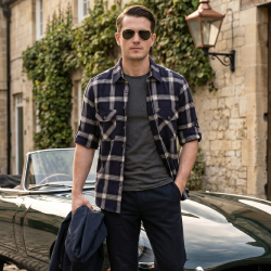 Mens Flannel Shirt Lumberjack Plaid Check Cotton Patch Pockets Shacket Designer  by Janeo British Apparel. Medici French Navy