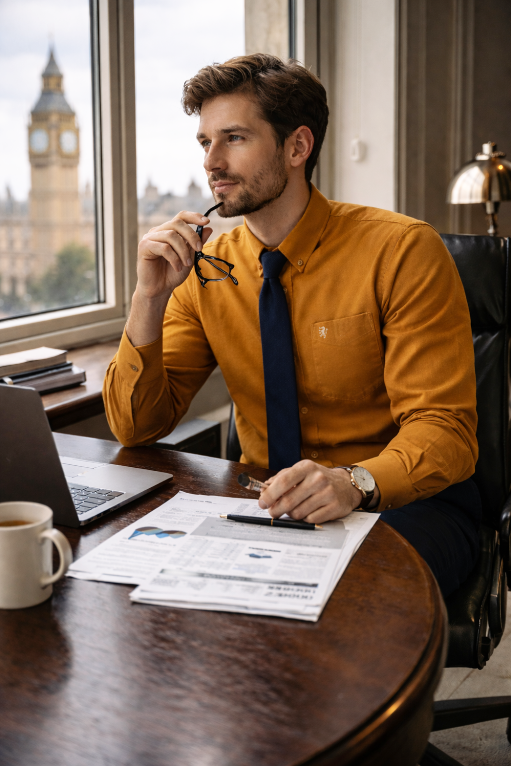 Mens English Oxford Shirt Button Down. Casual Office Work Weekender by Janeo British Apparel. Mustard - Image 2