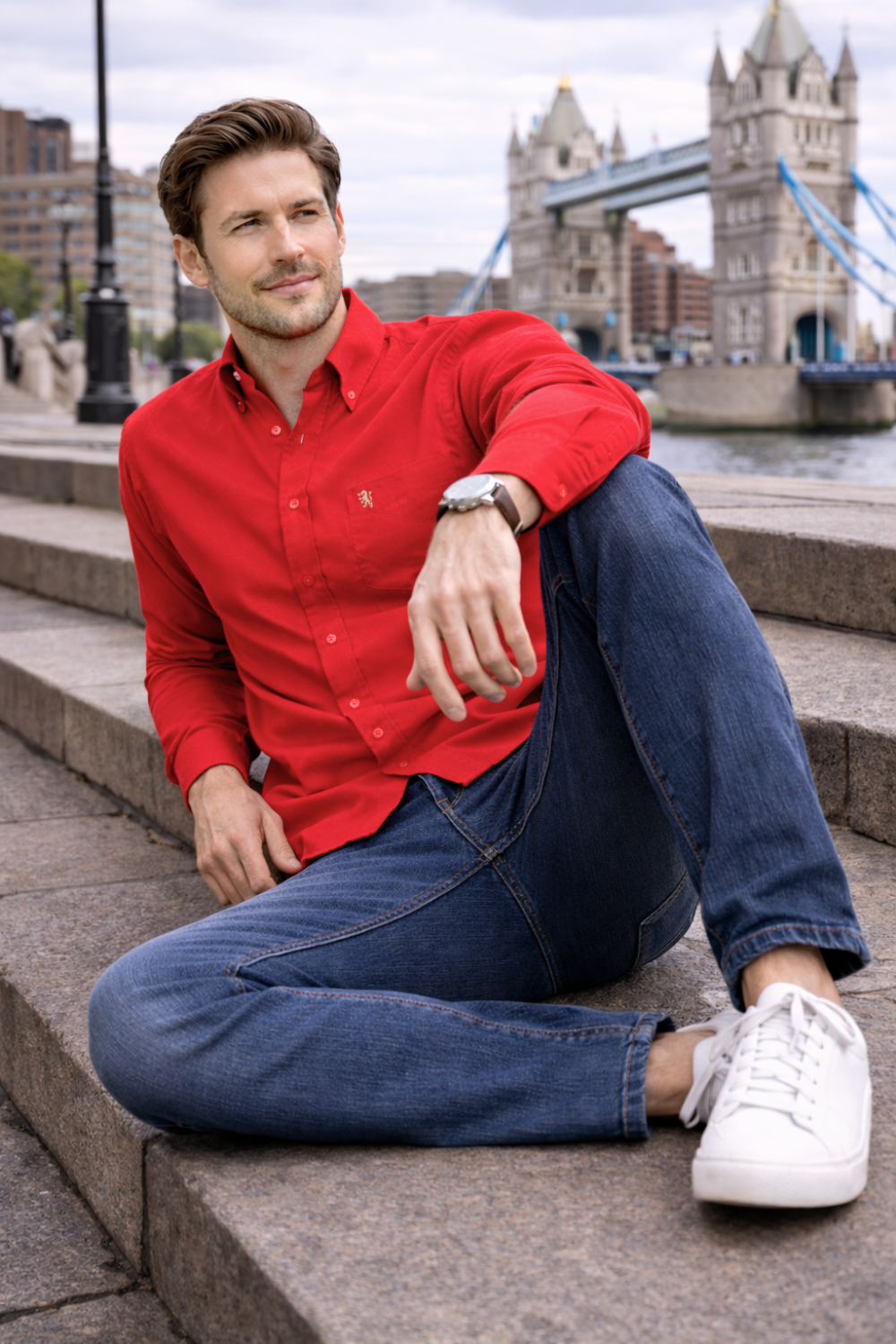 Mens English Oxford Shirt Button Down. Casual Office Work Weekender by Janeo British Apparel. Red - Image 3