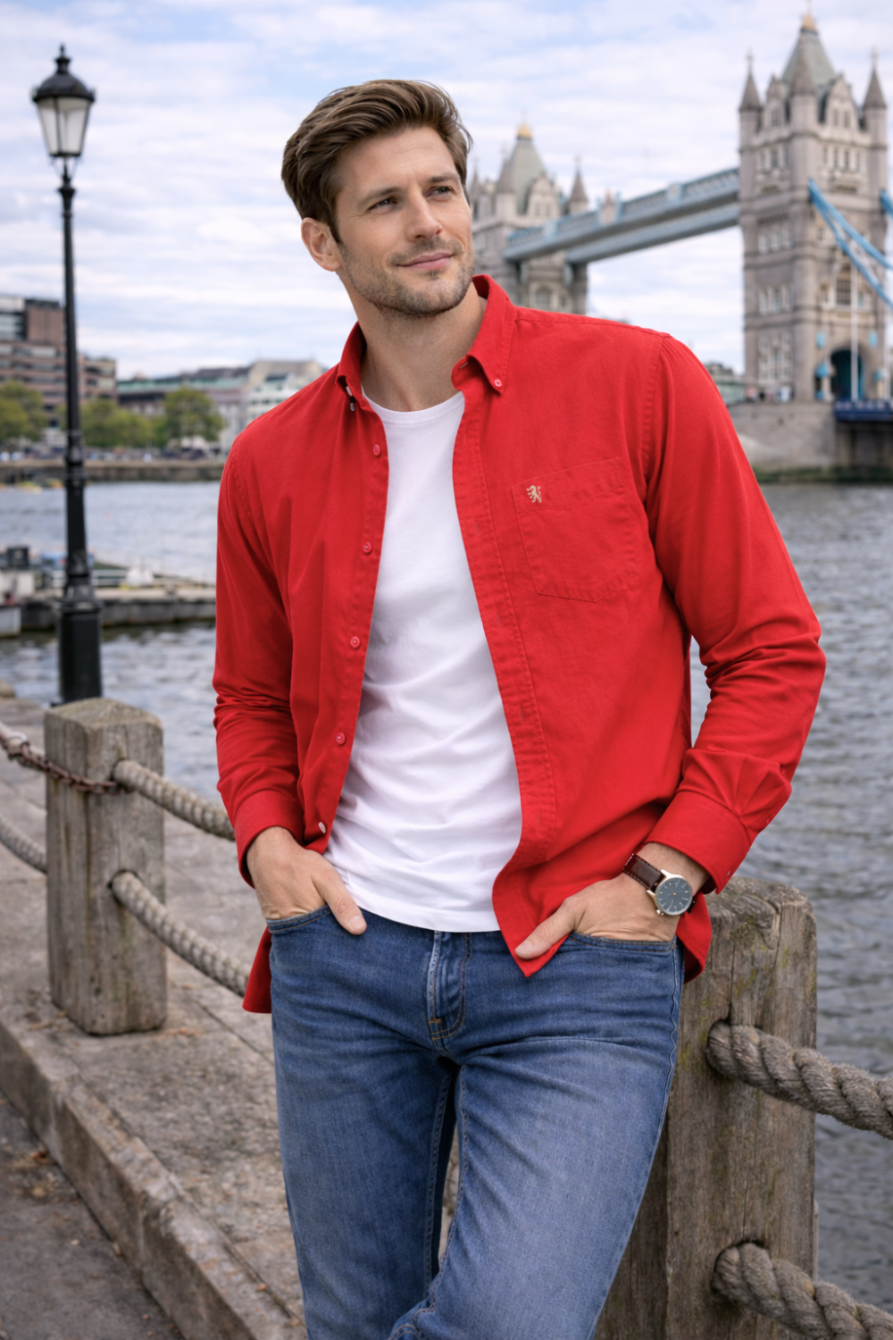 Mens English Oxford Shirt Button Down. Casual Office Work Weekender by Janeo British Apparel. Red - Image 2