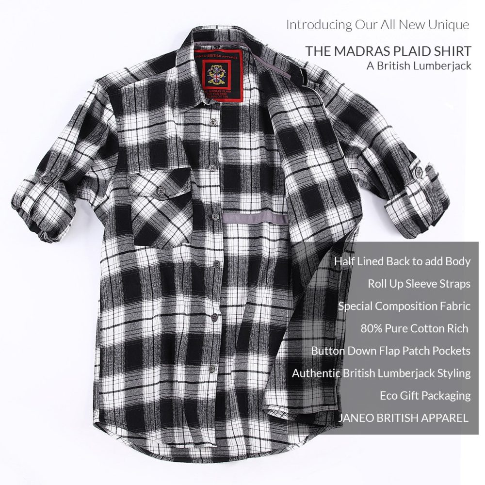 Mens Flannel Shirt Lumberjack Plaid Check Cotton Patch Pockets Shacket Designer  by Janeo British Apparel. The Classic Black & White - Image 7