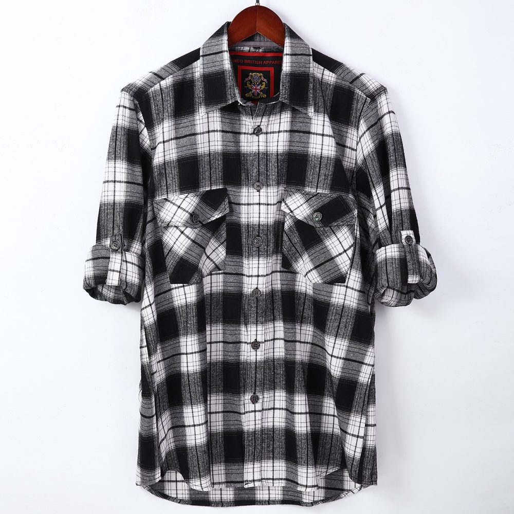 Mens Flannel Shirt Lumberjack Plaid Check Cotton Patch Pockets Shacket Designer  by Janeo British Apparel. The Classic Black & White - Image 6